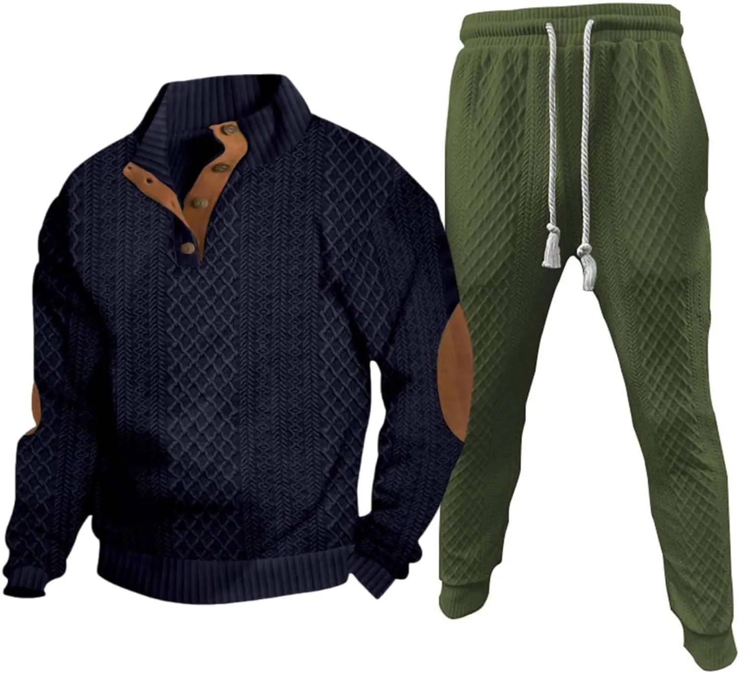 Mens 2 Piece Sweatsuits Sets Stand Collar Button Elbow Patch Long Sleeve Sweatshirts Pants Outdoor Loose Sport Suits
