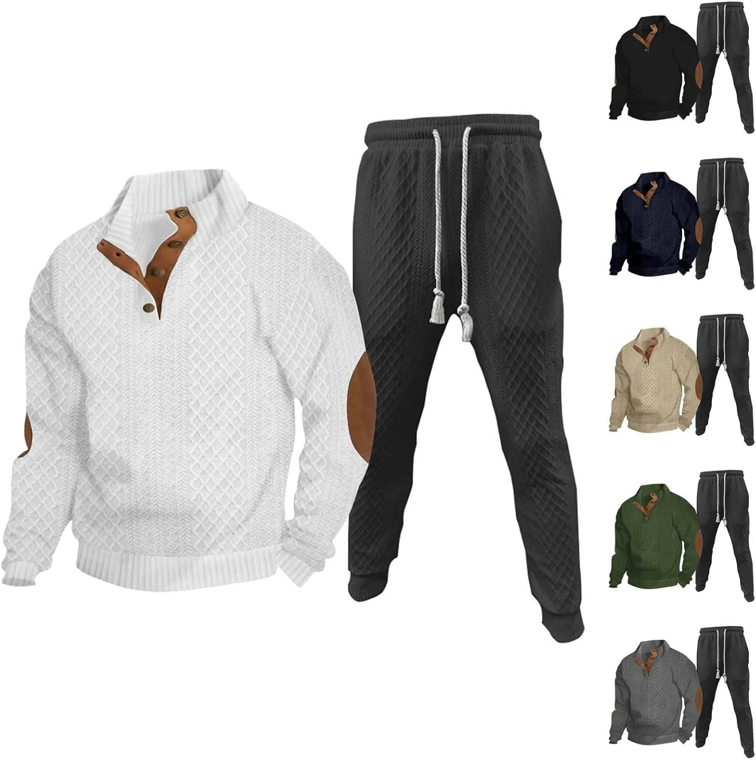 Mens 2 Piece Sweatsuits Sets Stand Collar Button Elbow Patch Long Sleeve Sweatshirts Pants Outdoor Loose Sport Suits