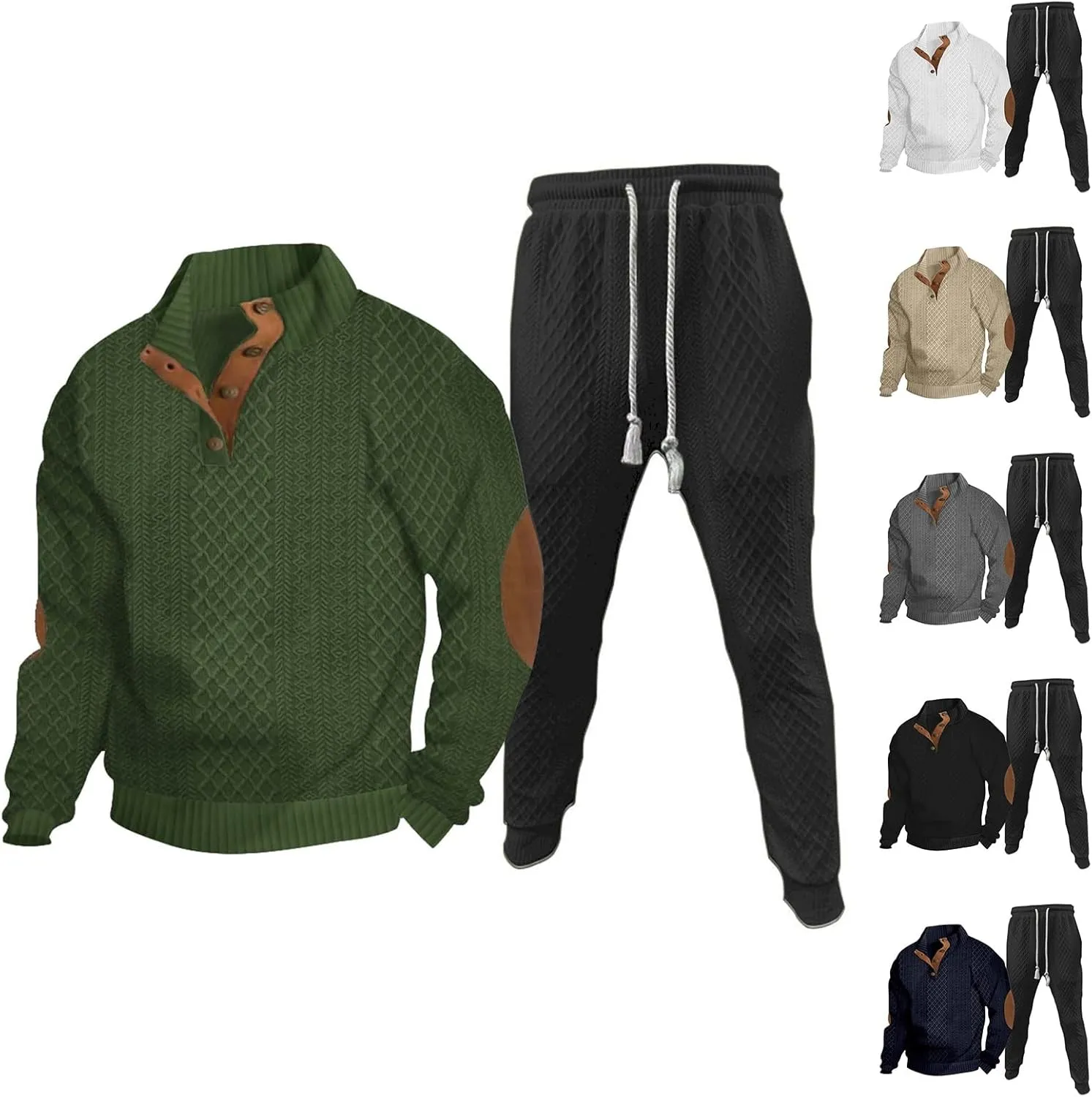 Mens 2 Piece Sweatsuits Sets Stand Collar Button Elbow Patch Long Sleeve Sweatshirts Pants Outdoor Loose Sport Suits