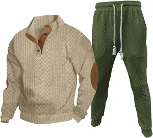 Mens 2 Piece Sweatsuits Sets Stand Collar Button Elbow Patch Long Sleeve Sweatshirts Pants Outdoor Loose Sport Suits