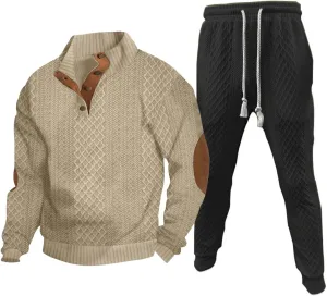 Mens 2 Piece Sweatsuits Sets Stand Collar Button Elbow Patch Long Sleeve Sweatshirts Pants Outdoor Loose Sport Suits