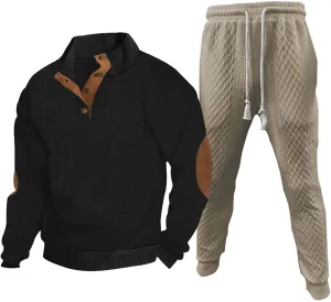 Mens 2 Piece Sweatsuits Sets Stand Collar Button Elbow Patch Long Sleeve Sweatshirts Pants Outdoor Loose Sport Suits