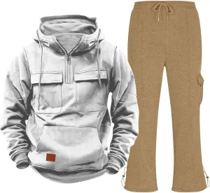 Mens 2 Piece Sweatsuits Sets Tactical Training Zipper Multi Pocket Hoodies Drawstring Long Pants Spring Fall Clothes