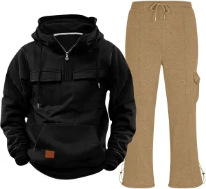 Mens 2 Piece Sweatsuits Sets Tactical Training Zipper Multi Pocket Hoodies Drawstring Long Pants Spring Fall Clothes