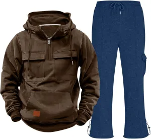 Mens 2 Piece Sweatsuits Sets Tactical Training Zipper Multi Pocket Hoodies Drawstring Long Pants Spring Fall Clothes