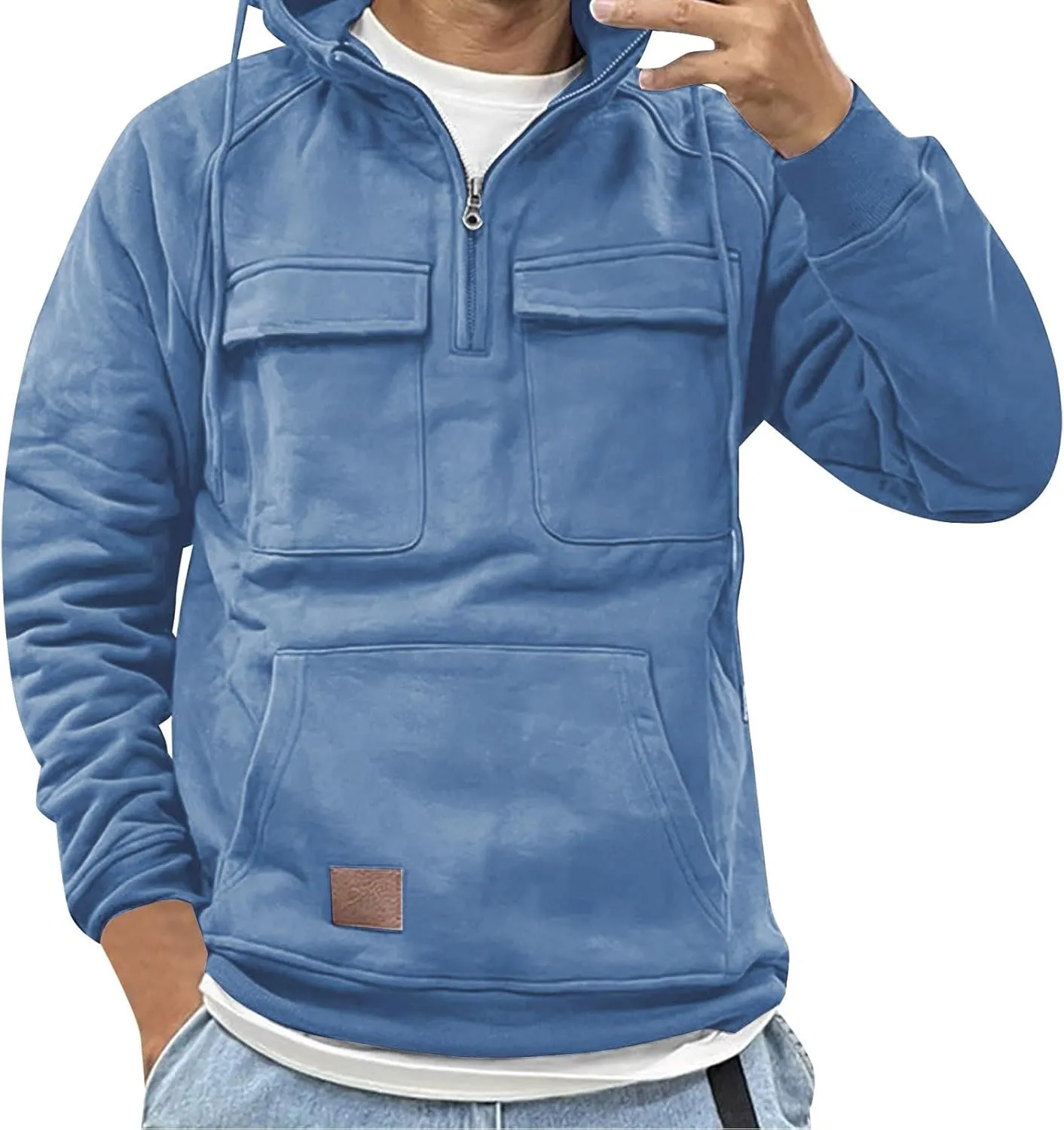 Men's Cargo Hoodies Long Sleeve Quarter Zip Tactical Sweatshirt with Multi Pockets Active Athletic Pullover Tops