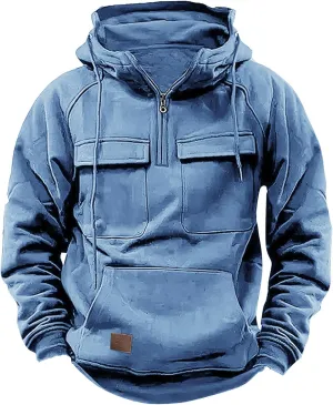 Men's Cargo Hoodies Long Sleeve Quarter Zip Tactical Sweatshirt with Multi Pockets Active Athletic Pullover Tops