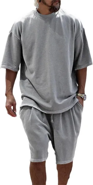 Mens Casual 2 Piece Outfits Short Sleeve Tracksuit Crew Neck T Shirt & Shorts Set Oversize Two Piece Casual Jogging Set