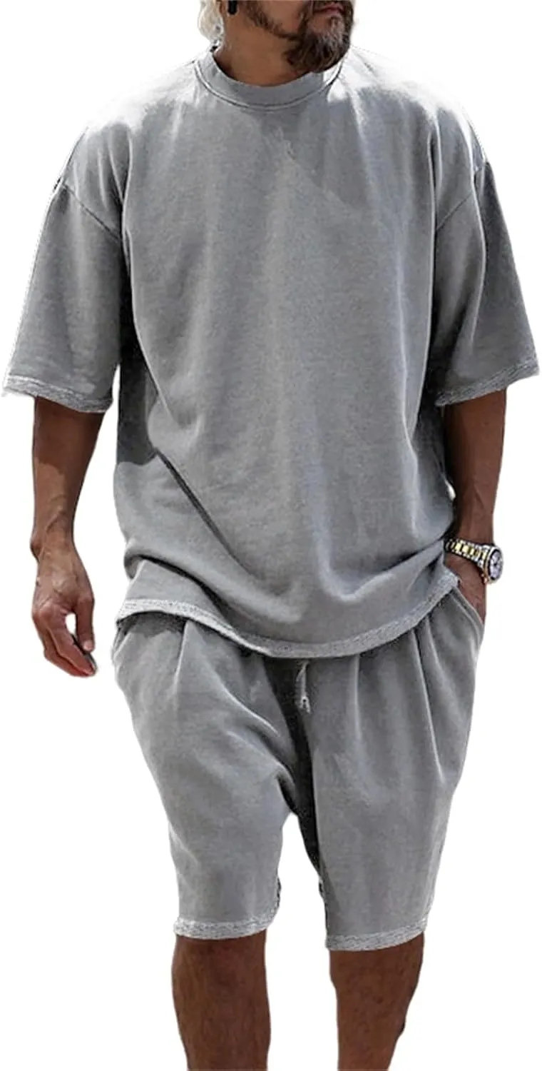 Mens Casual 2 Piece Outfits Short Sleeve Tracksuit Crew Neck T Shirt & Shorts Set Oversize Two Piece Casual Jogging Set