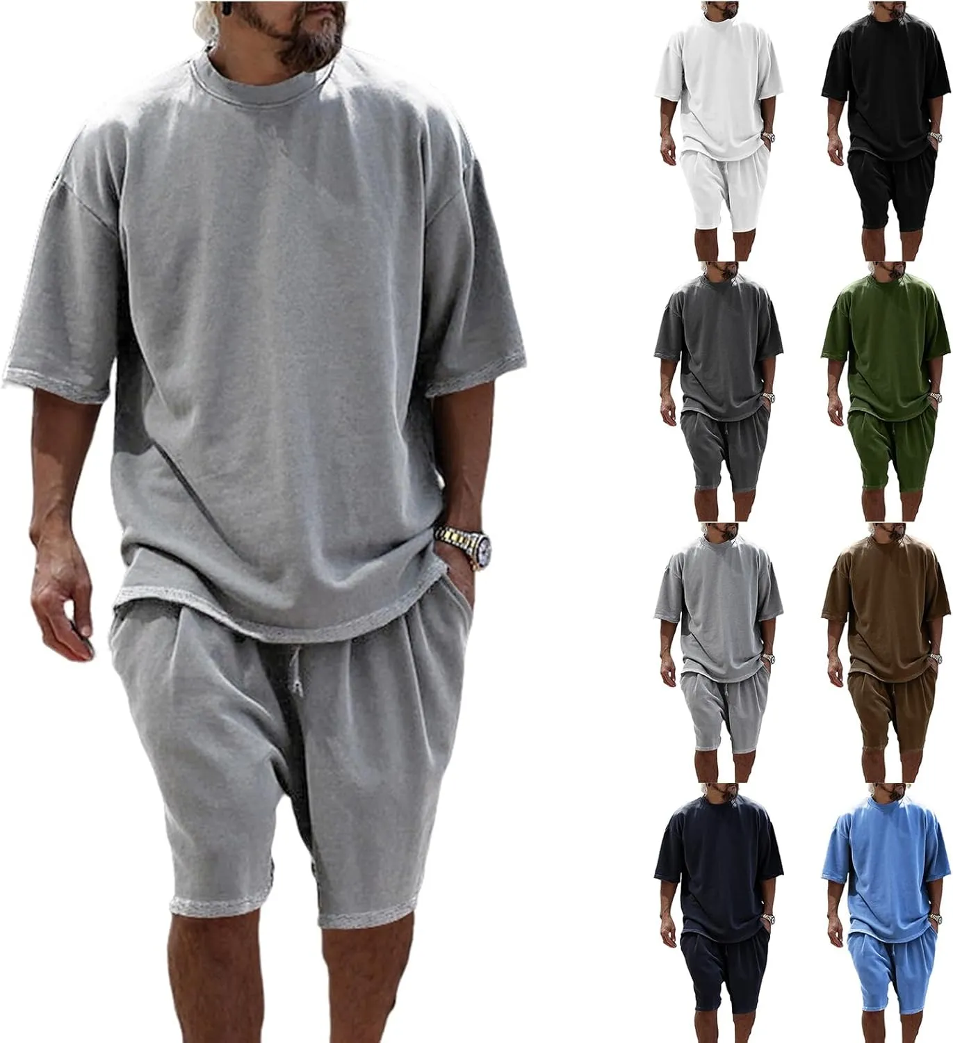 Mens Casual 2 Piece Outfits Short Sleeve Tracksuit Crew Neck T Shirt & Shorts Set Oversize Two Piece Casual Jogging Set