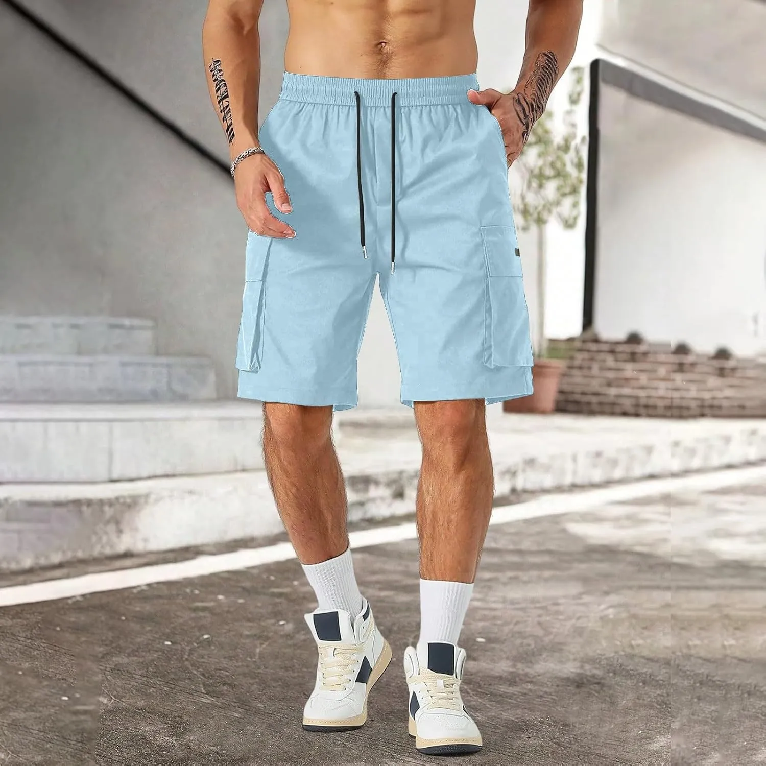 Men's Casual Cargo Shorts Waist with Drawstring Hiking Fishing Outfits Lightweight Multi-Pocket Athletic Short Pants