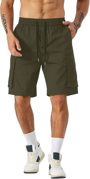 Men's Casual Cargo Shorts Waist with Drawstring Hiking Fishing Outfits Lightweight Multi-Pocket Athletic Short Pants