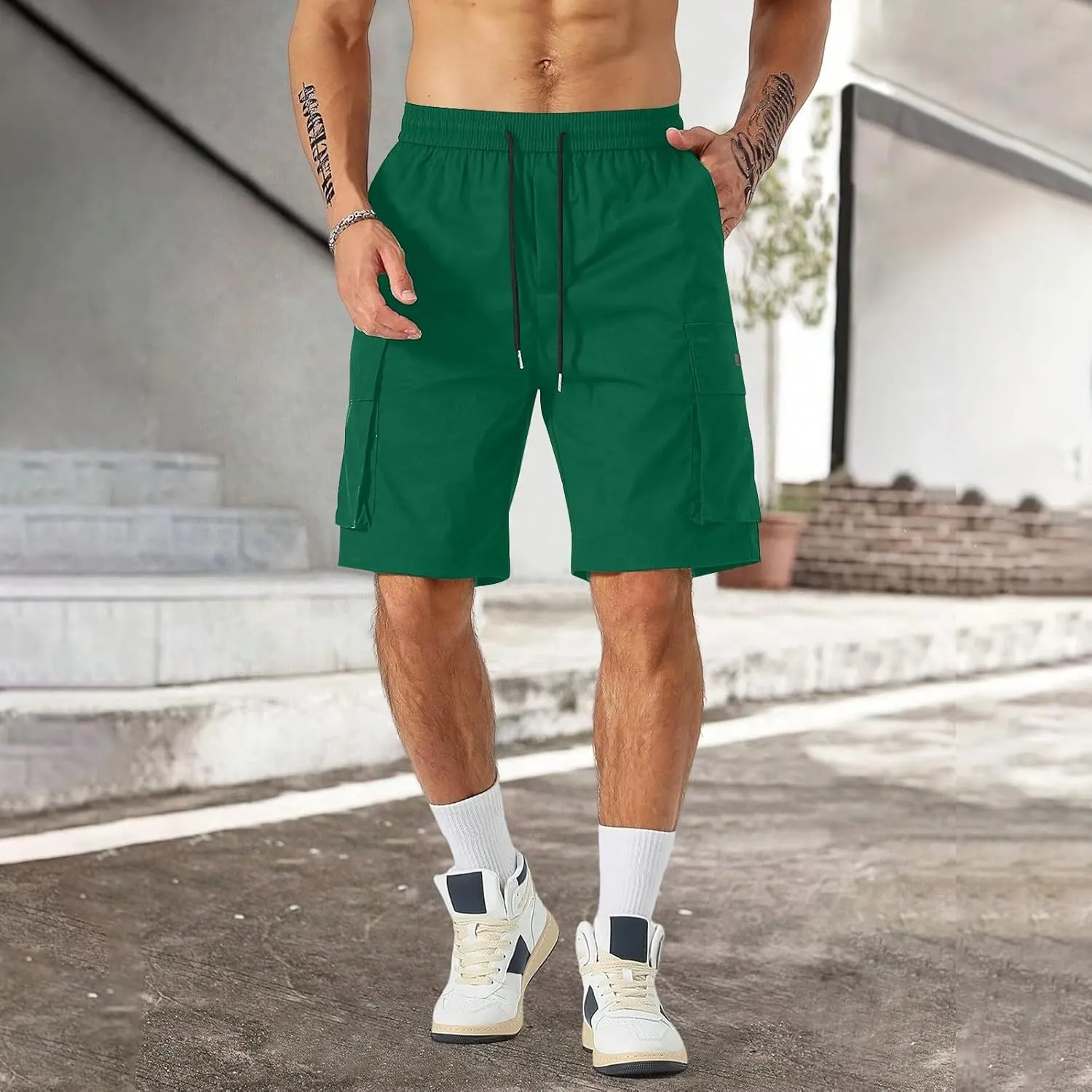 Men's Casual Cargo Shorts Waist with Drawstring Hiking Fishing Outfits Lightweight Multi-Pocket Athletic Short Pants