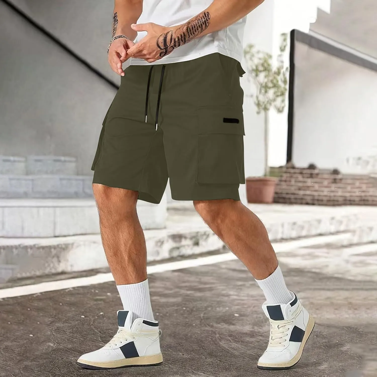 Men's Casual Cargo Shorts Waist with Drawstring Hiking Fishing Outfits Lightweight Multi-Pocket Athletic Short Pants