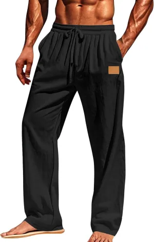 Mens Casual Fashion Linen Trousers Solid Loose Drawstring Elastic Waist Straight Leg Pants Vacation Ralaxed Fit Pants