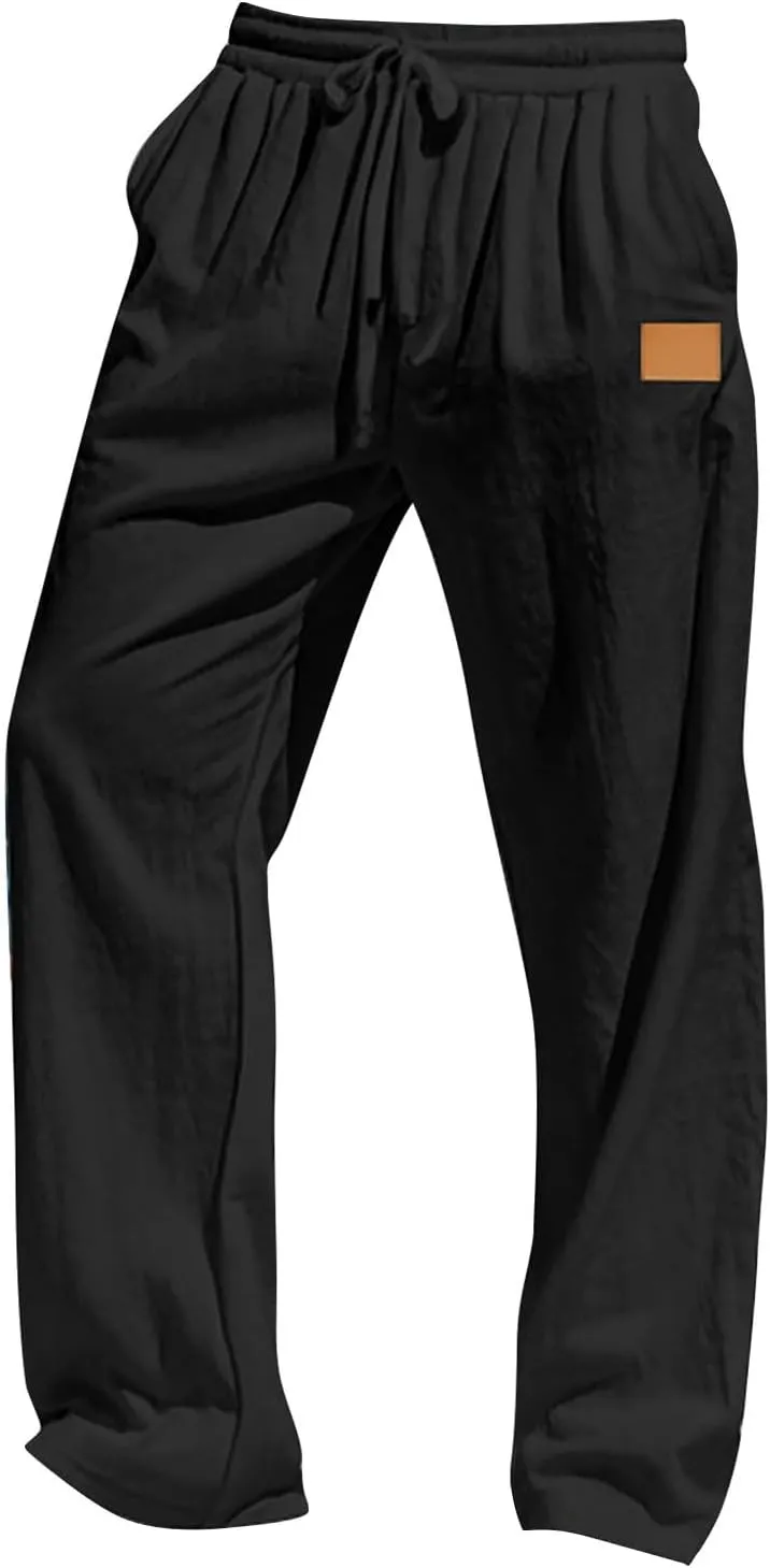 Mens Casual Fashion Linen Trousers Solid Loose Drawstring Elastic Waist Straight Leg Pants Vacation Ralaxed Fit Pants