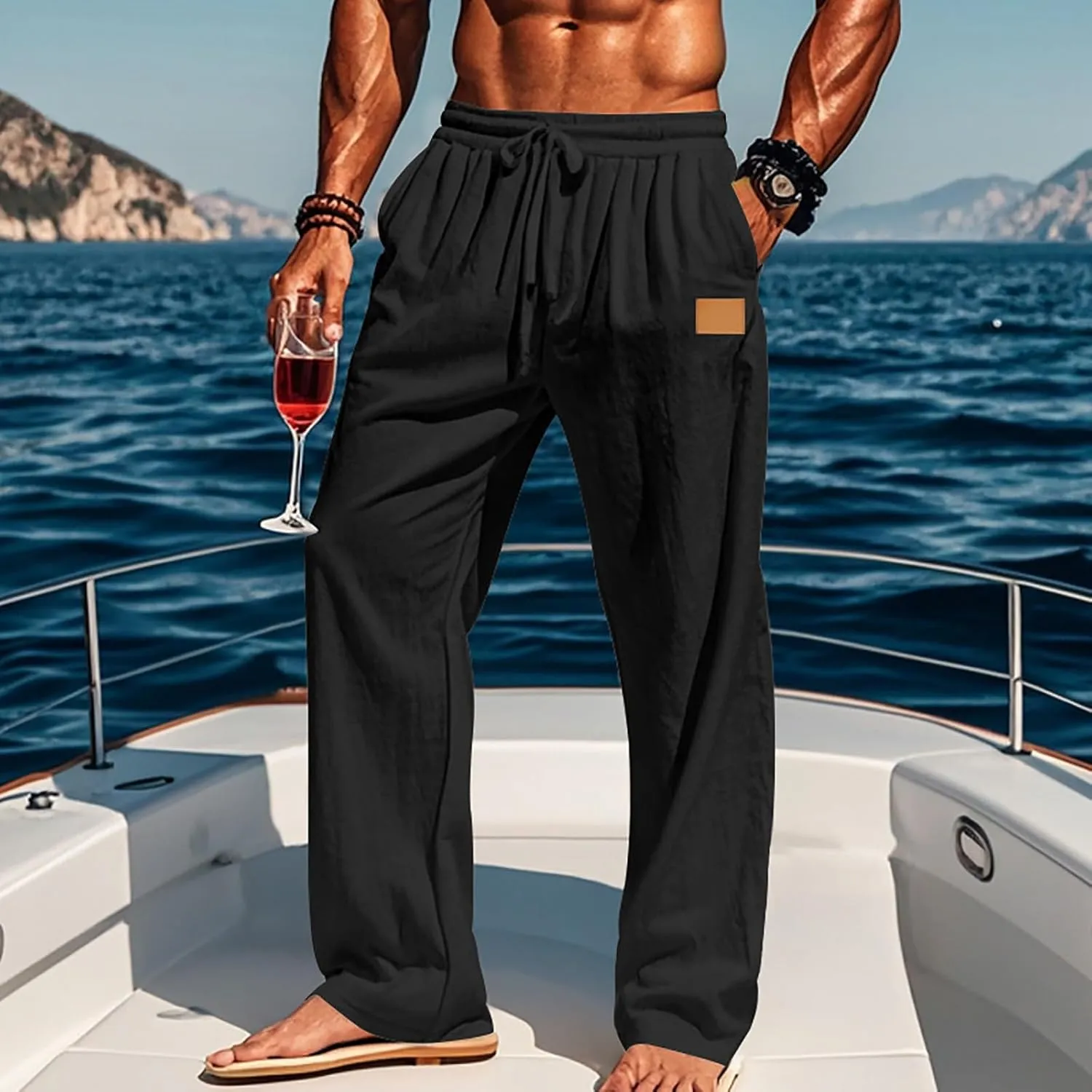 Mens Casual Fashion Linen Trousers Solid Loose Drawstring Elastic Waist Straight Leg Pants Vacation Ralaxed Fit Pants