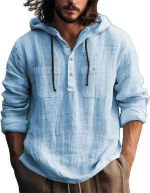 Mens Casual Linen Hooded Shirts Drawstring Hoodies Button up Beach Hippie T-Shirt Lightweight Long Sleeve Blouse Tops