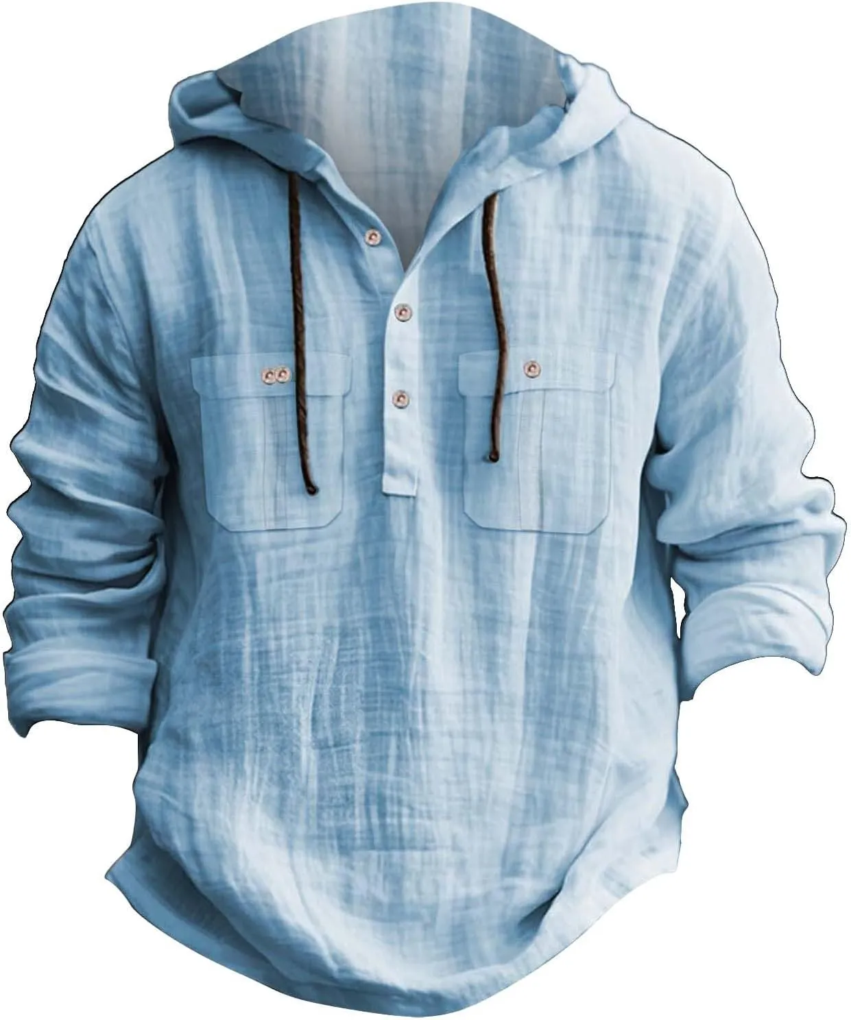Mens Casual Linen Hooded Shirts Drawstring Hoodies Button up Beach Hippie T-Shirt Lightweight Long Sleeve Blouse Tops