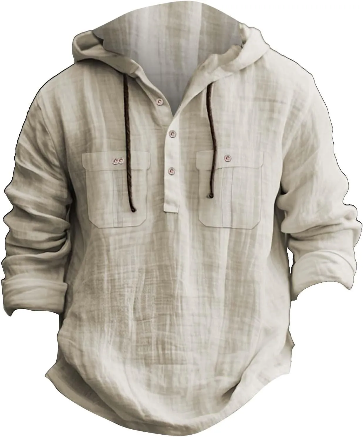 Mens Casual Linen Hooded Shirts Drawstring Hoodies Button up Beach Hippie T-Shirt Lightweight Long Sleeve Blouse Tops