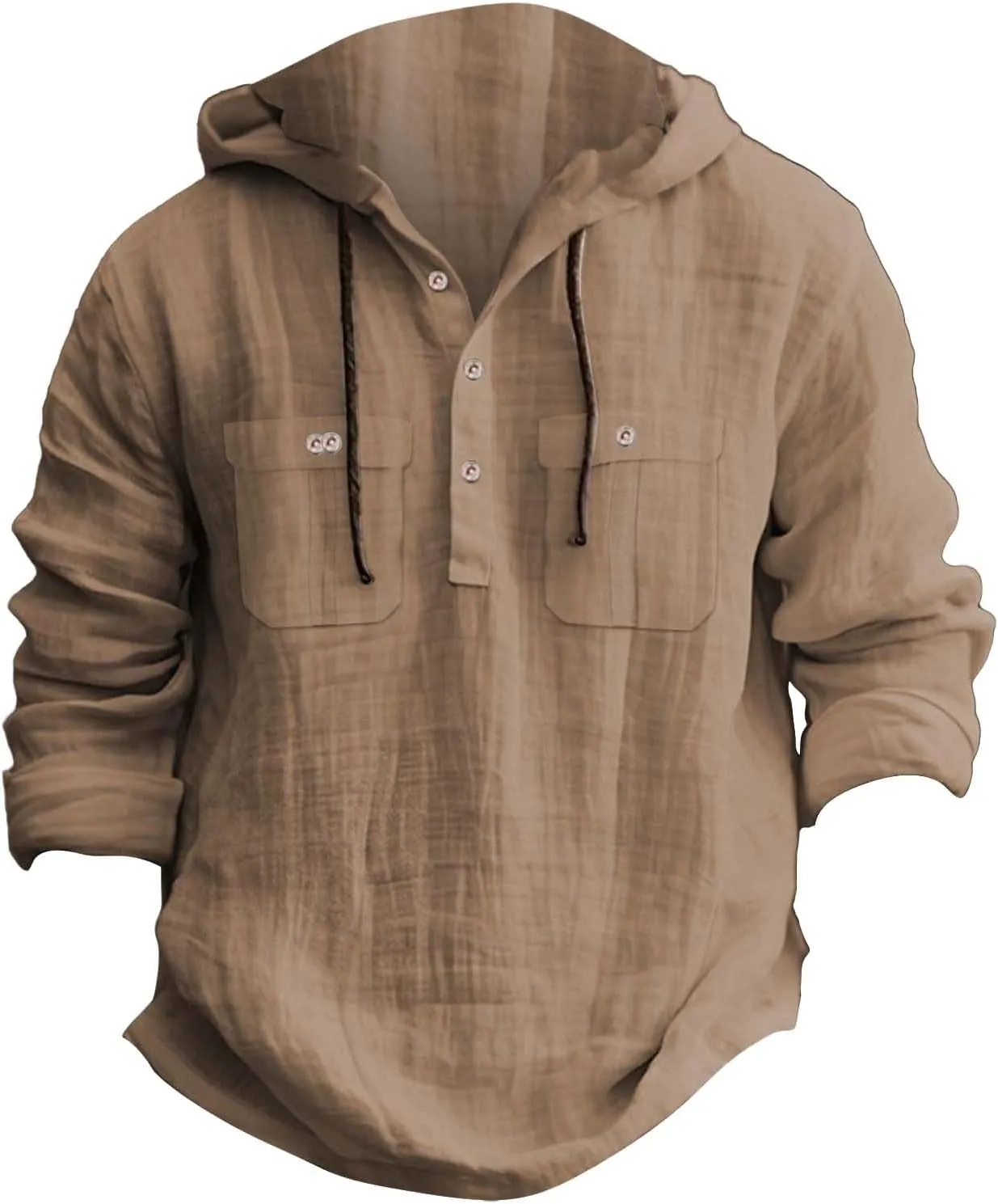 Mens Casual Linen Hooded Shirts Drawstring Hoodies Button up Beach Hippie T-Shirt Lightweight Long Sleeve Blouse Tops