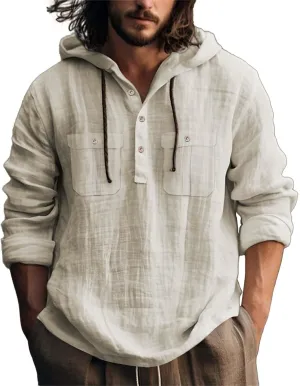Mens Casual Linen Hooded Shirts Drawstring Hoodies Button up Beach Hippie T-Shirt Lightweight Long Sleeve Blouse Tops