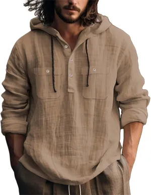 Mens Casual Linen Hooded Shirts Drawstring Hoodies Button up Beach Hippie T-Shirt Lightweight Long Sleeve Blouse Tops