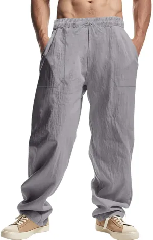 Men's Casual Linen Pants Loose Fit Elastic Waist Drawstring Beach Summer Pant Lightweight Cotton Trousers with Pocket
