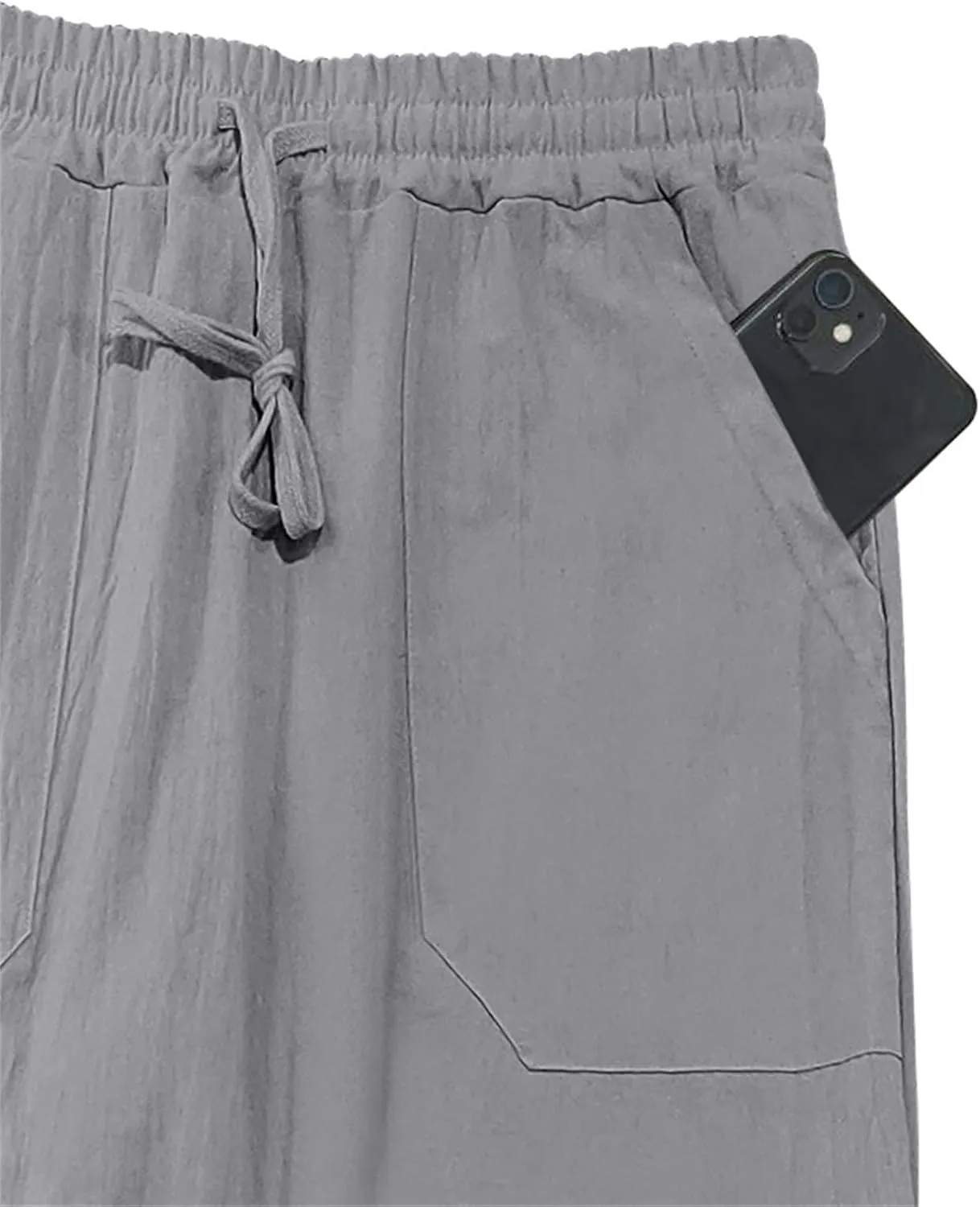 Men's Casual Linen Pants Loose Fit Elastic Waist Drawstring Beach Summer Pant Lightweight Cotton Trousers with Pocket