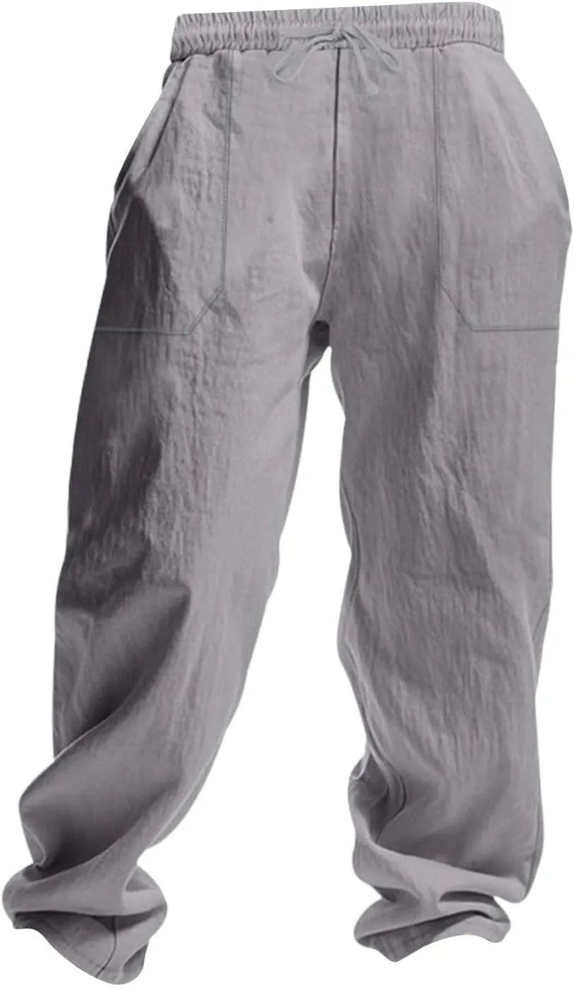 Men's Casual Linen Pants Loose Fit Elastic Waist Drawstring Beach Summer Pant Lightweight Cotton Trousers with Pocket