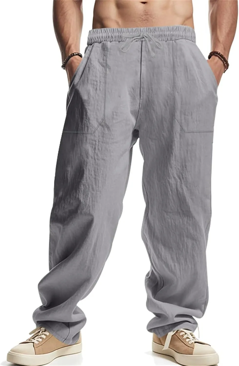 Men's Casual Linen Pants Loose Fit Elastic Waist Drawstring Beach Summer Pant Lightweight Cotton Trousers with Pocket