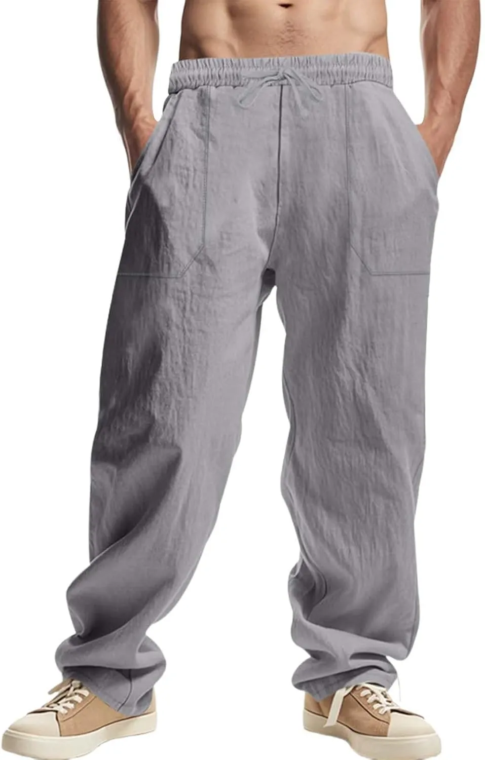 Men's Casual Linen Pants Loose Fit Elastic Waist Drawstring Beach Summer Pant Lightweight Cotton Trousers with Pocket