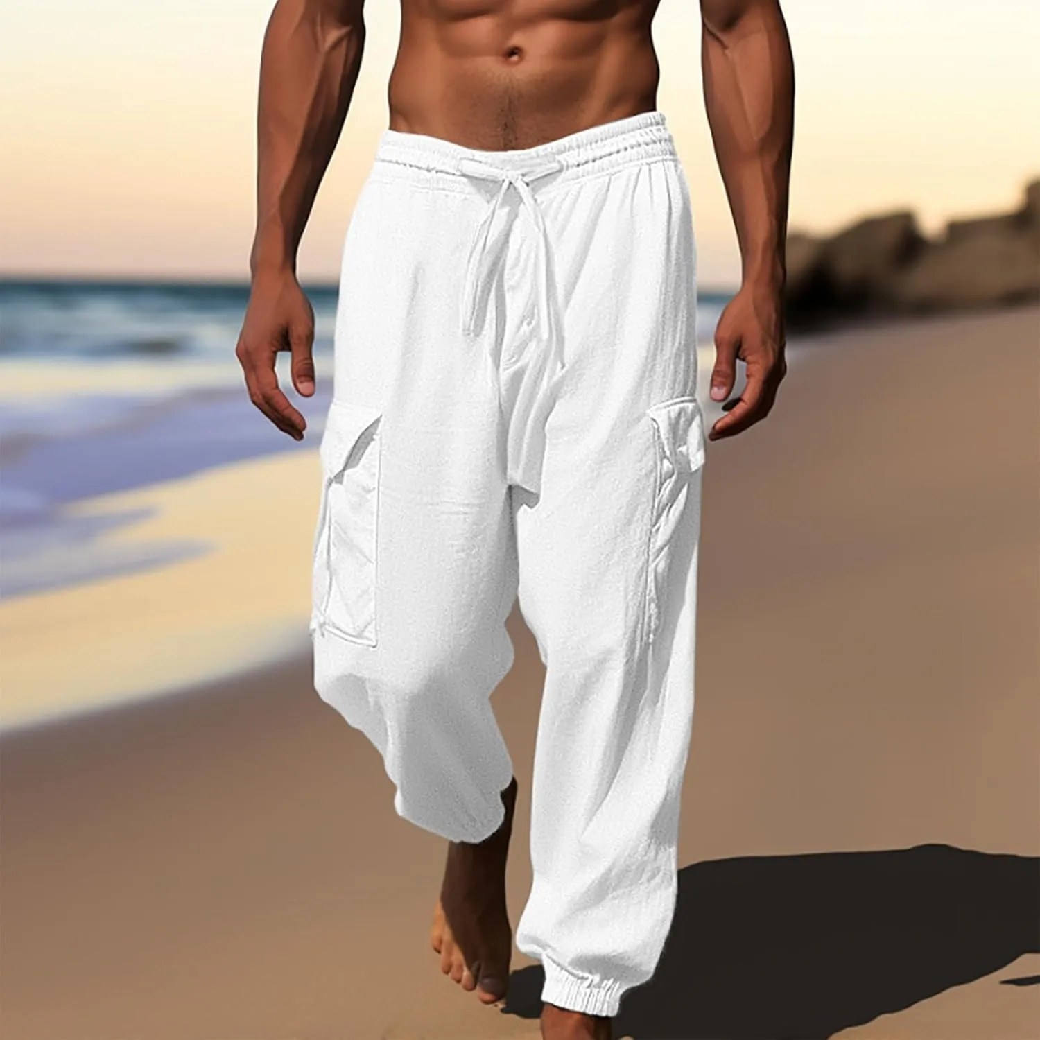 Mens Casual Pants Fall Solid Simple Drawstring Pants Lightweight Baggy Hiking Workout Sweatpants with Multi Pockets