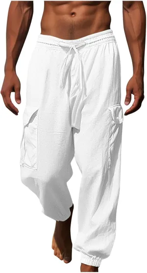 Mens Casual Pants Fall Solid Simple Drawstring Pants Lightweight Baggy Hiking Workout Sweatpants with Multi Pockets