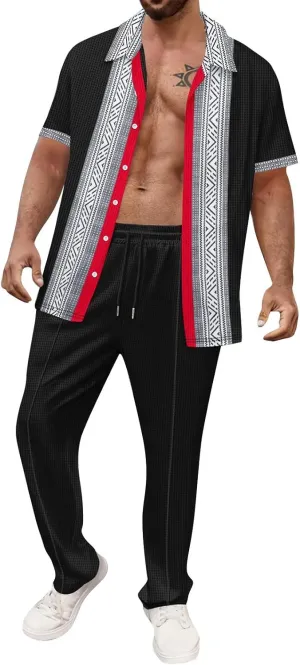 Men's Casual Tracksuit 2 Piece Graphic Color Matching Cardigan Short Sleeve Waffle Shirts Trousers Summer Sweatsuit