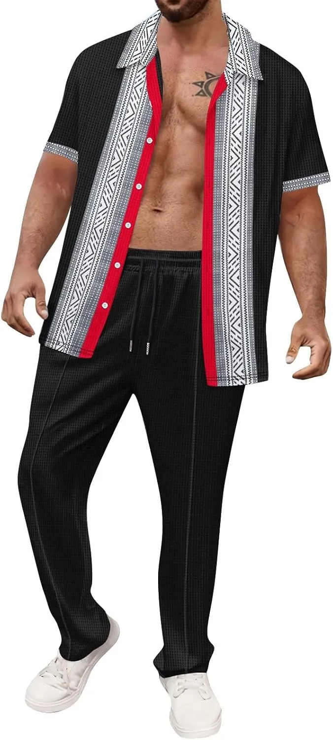 Men's Casual Tracksuit 2 Piece Graphic Color Matching Cardigan Short Sleeve Waffle Shirts Trousers Summer Sweatsuit