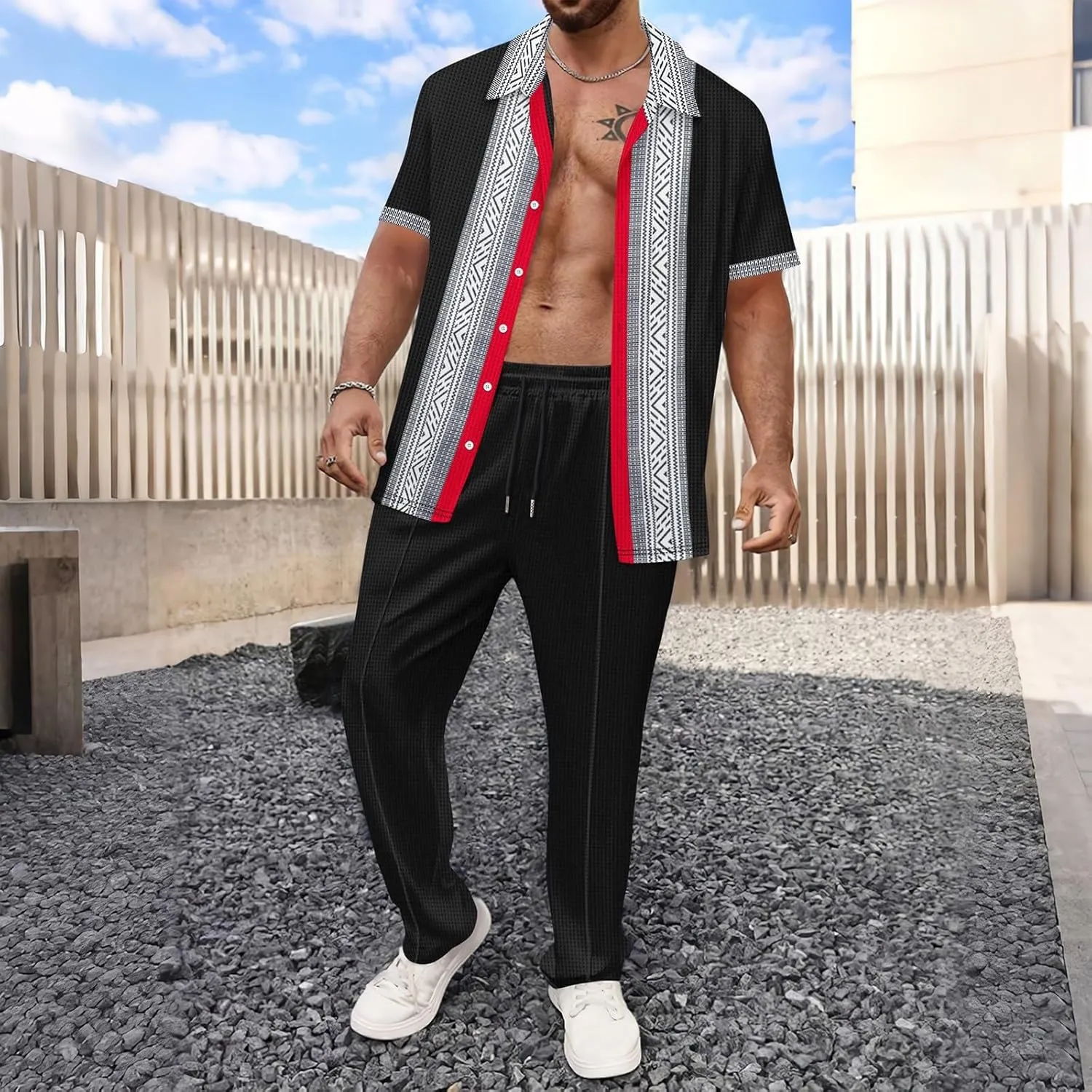 Men's Casual Tracksuit 2 Piece Graphic Color Matching Cardigan Short Sleeve Waffle Shirts Trousers Summer Sweatsuit
