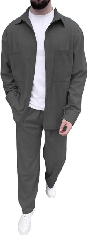 Men's Corduroy Set Lapel Button Long Sleeve Knitted Shirt Tops Elastic Waist Straight Leg Trousers Fashion Tracksuit