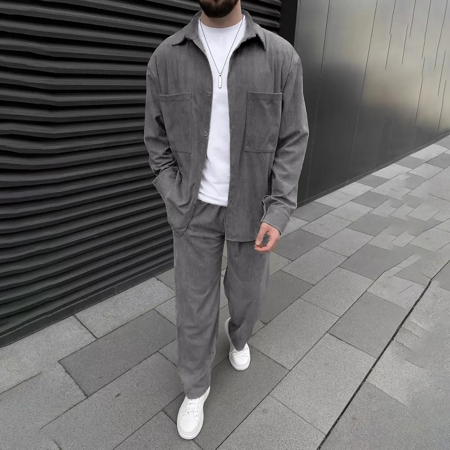 Men's Corduroy Set Lapel Button Long Sleeve Knitted Shirt Tops Elastic Waist Straight Leg Trousers Fashion Tracksuit