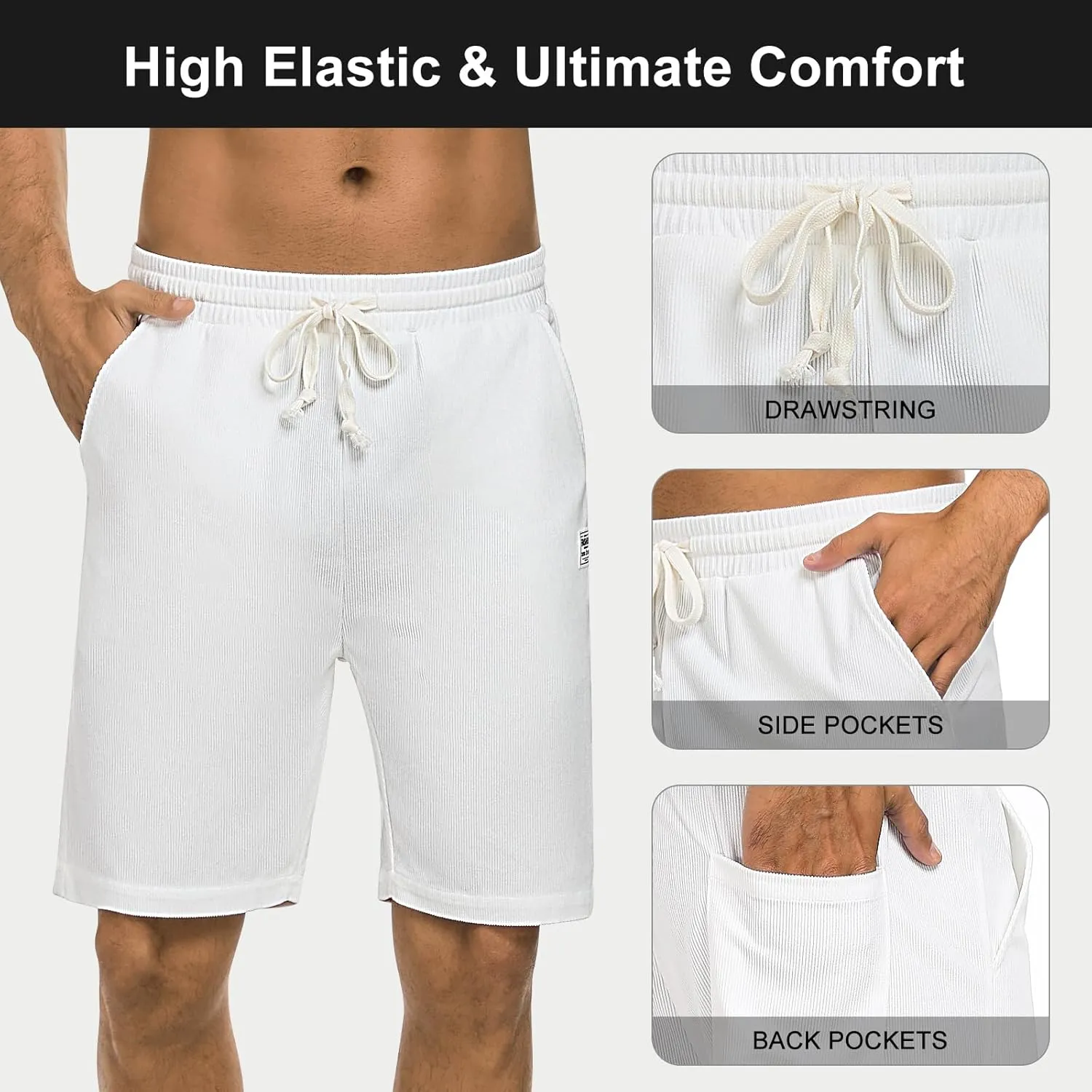 Men's Corduroy Shorts Casual Elastic Waist Drawstring 7 inch Shorts for Men with Pickets