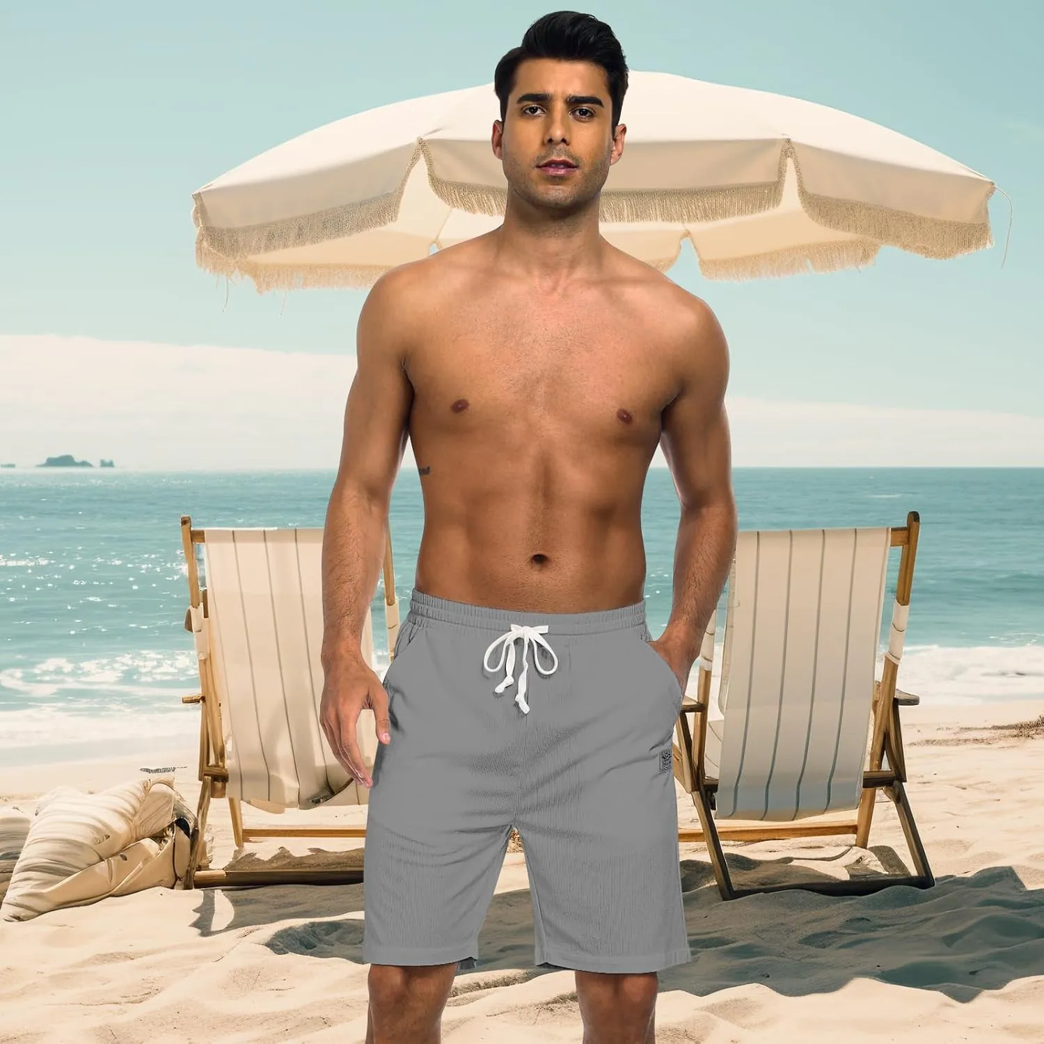 Men's Corduroy Shorts Casual Elastic Waist Drawstring 7 inch Shorts for Men with Pickets
