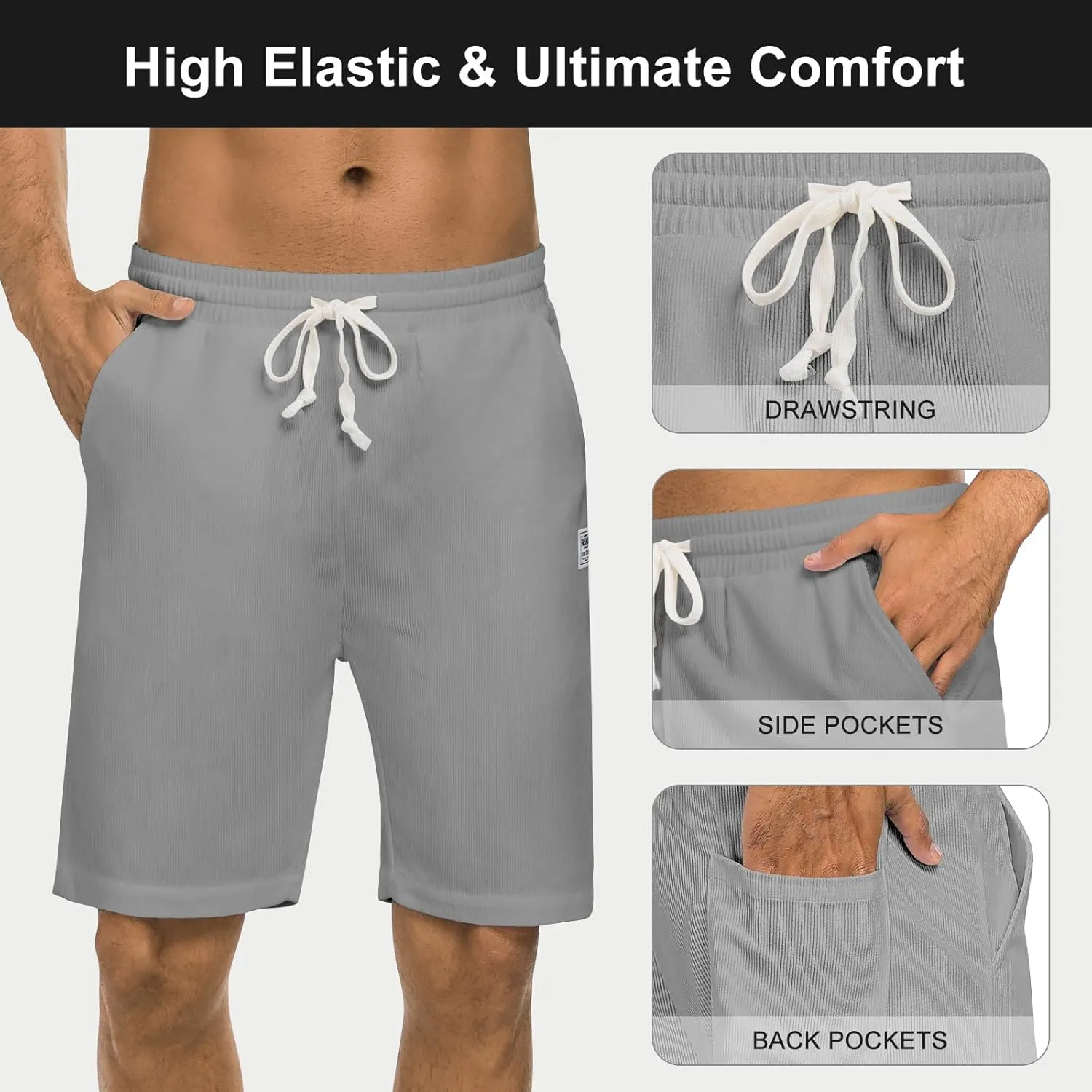 Men's Corduroy Shorts Casual Elastic Waist Drawstring 7 inch Shorts for Men with Pickets