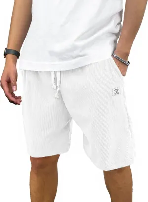 Men's Corduroy Shorts Casual Elastic Waist Drawstring 7 inch Shorts for Men with Pickets