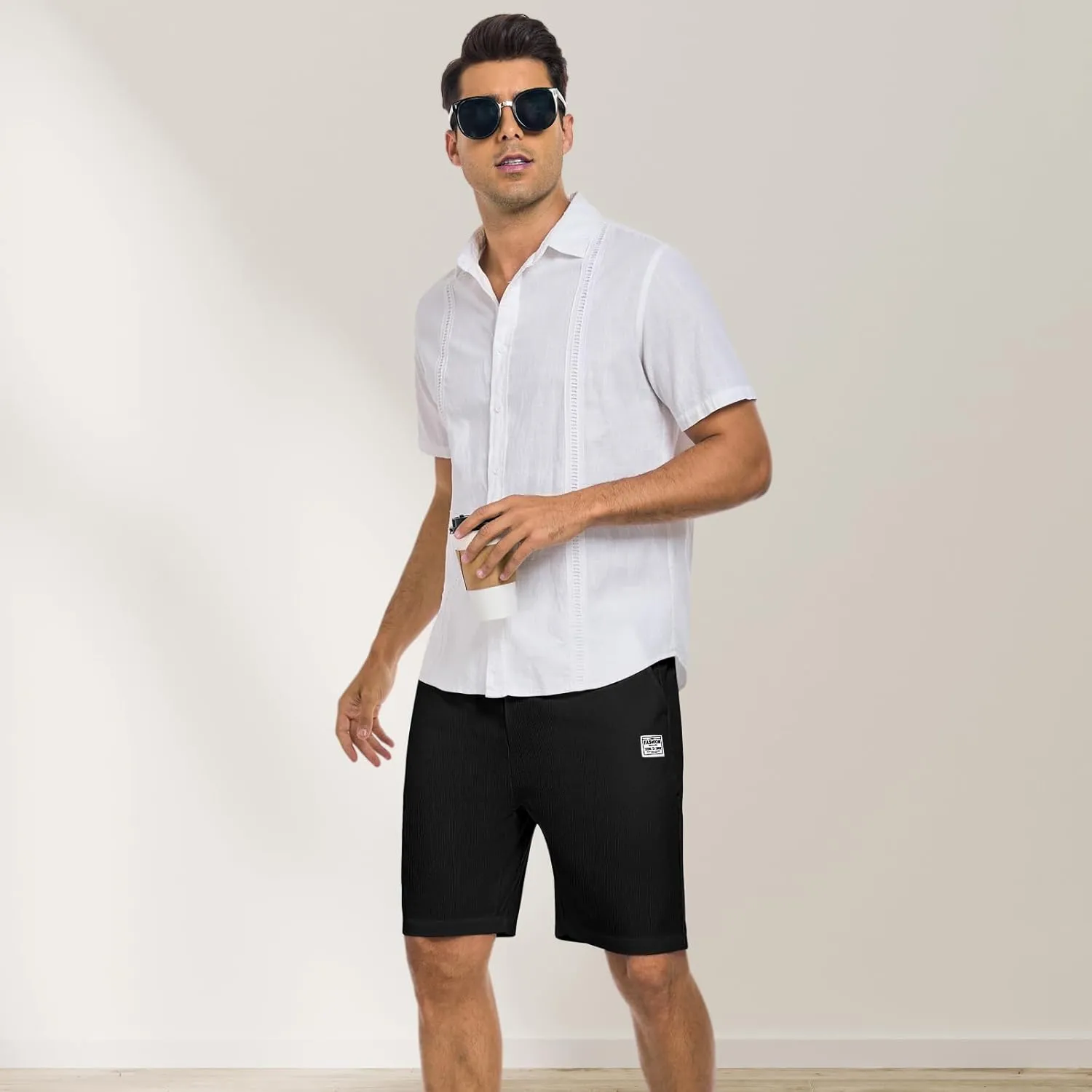 Men's Corduroy Shorts Casual Elastic Waist Drawstring 7 inch Shorts for Men with Pickets
