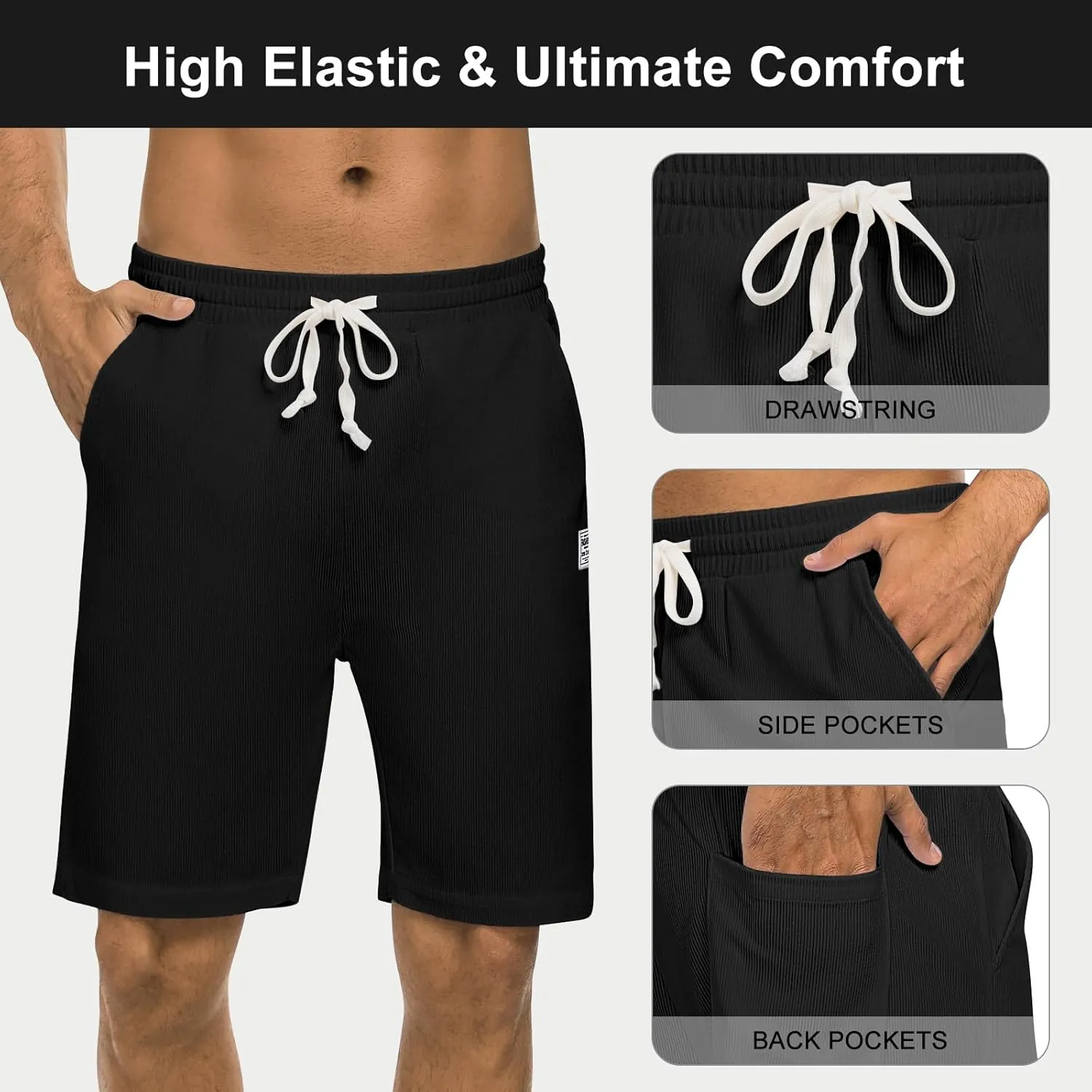 Men's Corduroy Shorts Casual Elastic Waist Drawstring 7 inch Shorts for Men with Pickets