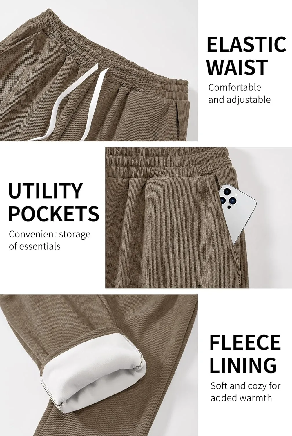 Men's Corduroy Sweatpants Casual Sherpa Lined Drawstring Warm Pant with Pockets (S-2XL)