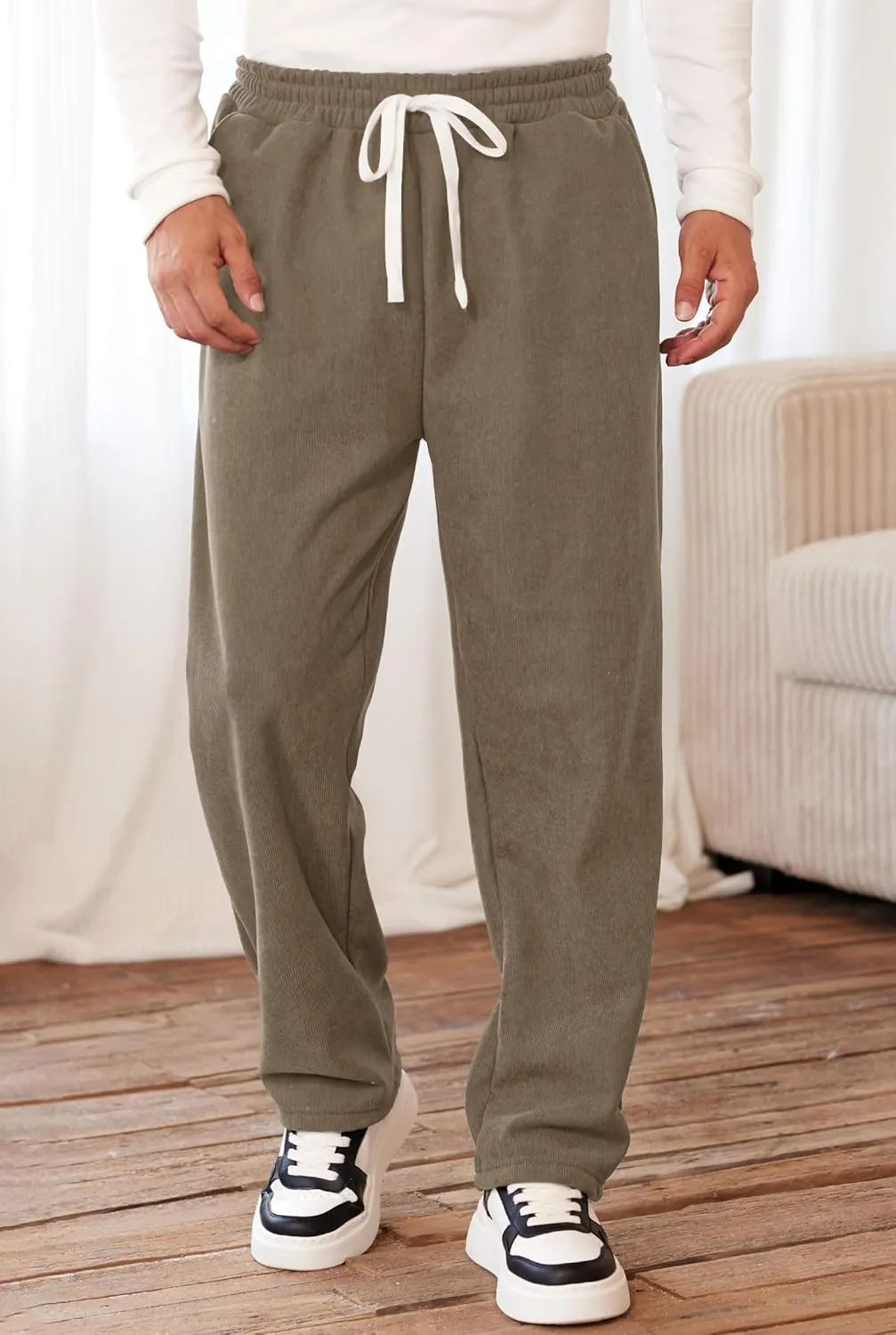Men's Corduroy Sweatpants Casual Sherpa Lined Drawstring Warm Pant with Pockets (S-2XL)