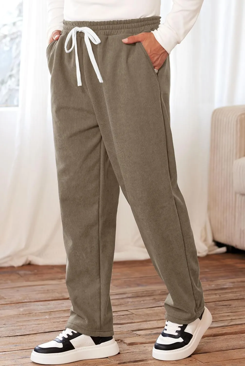 Men's Corduroy Sweatpants Casual Sherpa Lined Drawstring Warm Pant with Pockets (S-2XL)