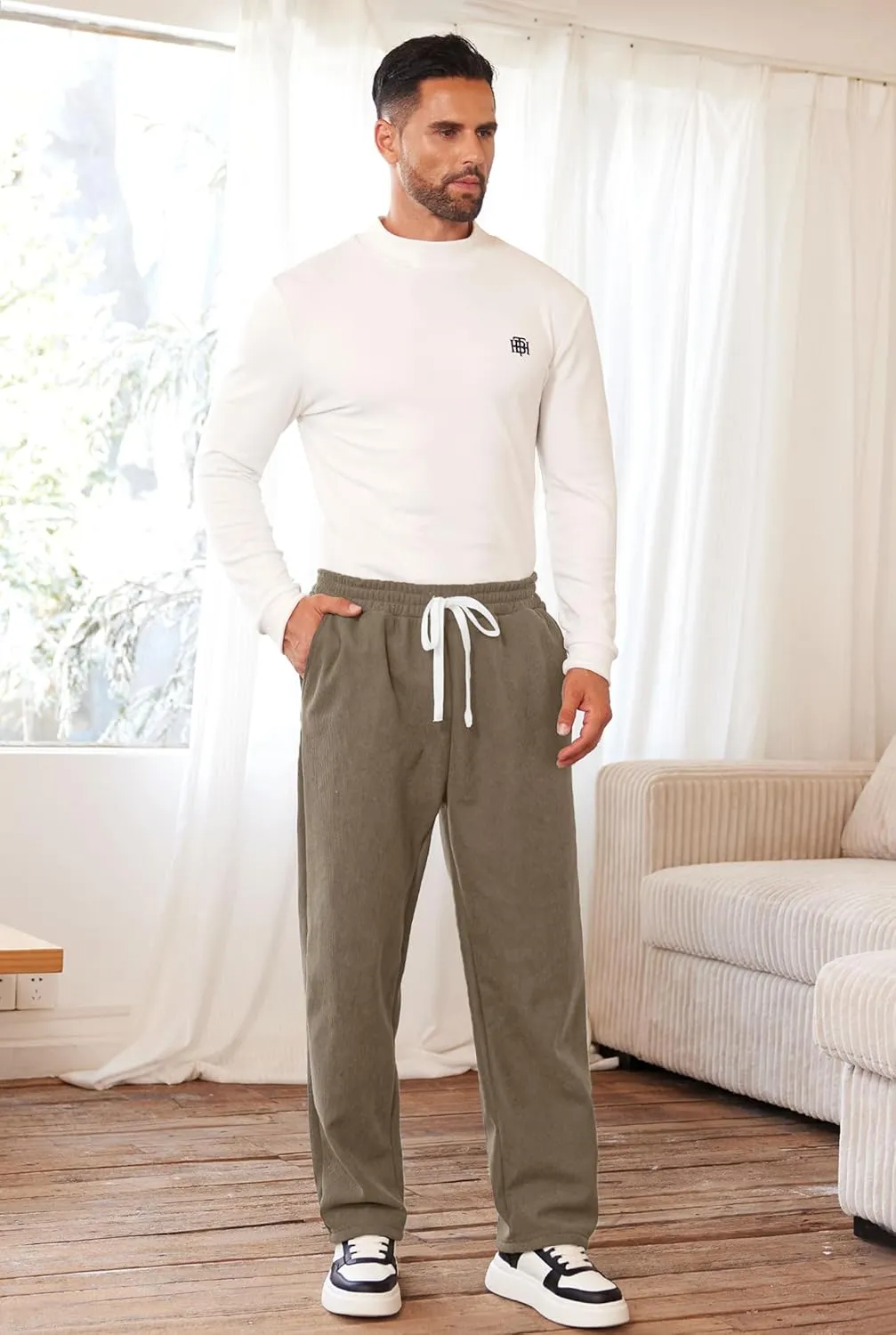 Men's Corduroy Sweatpants Casual Sherpa Lined Drawstring Warm Pant with Pockets (S-2XL)