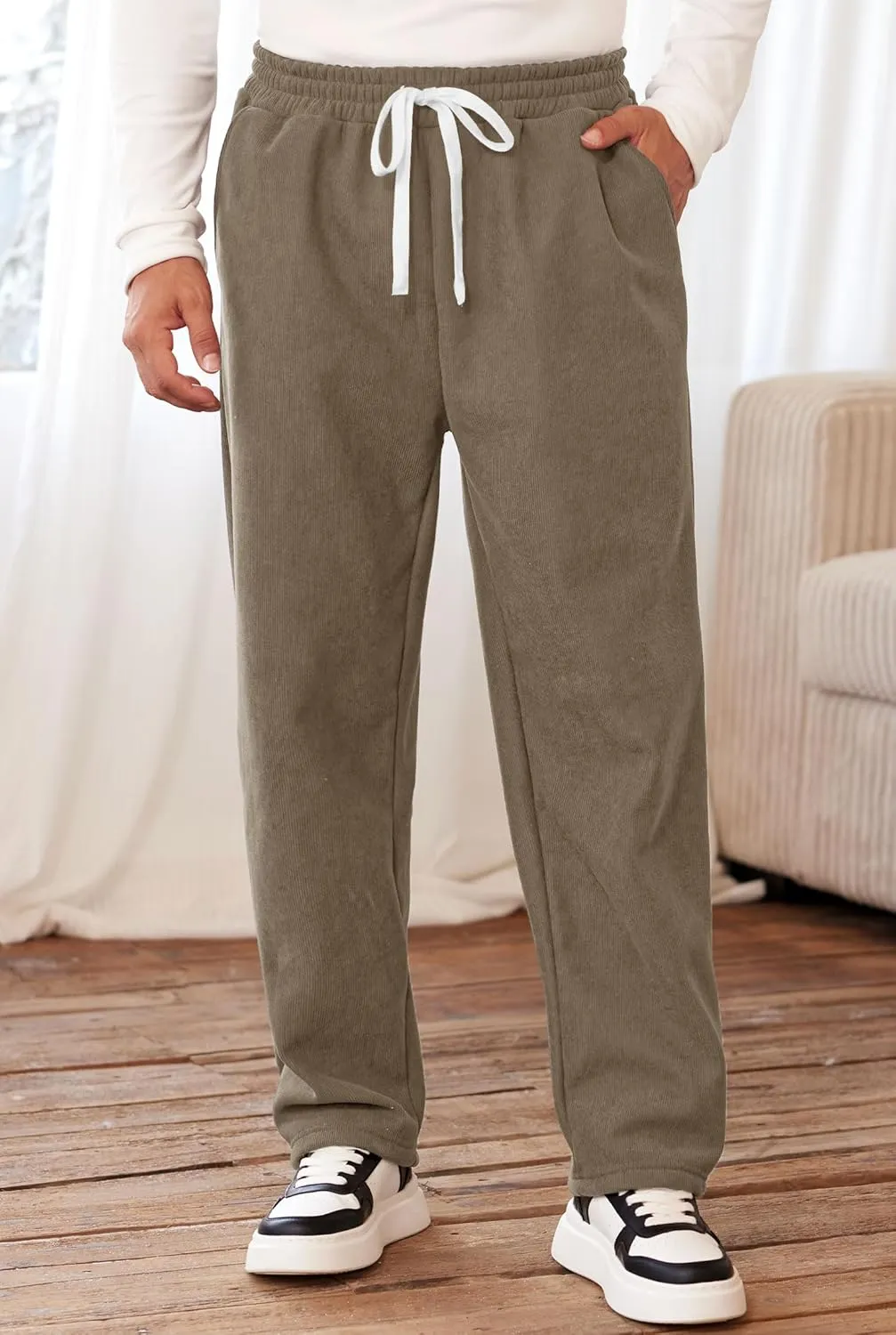 Men's Corduroy Sweatpants Casual Sherpa Lined Drawstring Warm Pant with Pockets (S-2XL)
